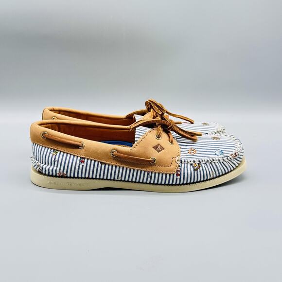 Sperry Shoes Womens 8.5 Blue White Stripe Leather Boat Nautical Embroidered - Picture 1 of 12
